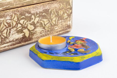 One tea light plaster blue plate hand-painted candle holder 3,94 inches, 0,22 lb - MADEheart.com