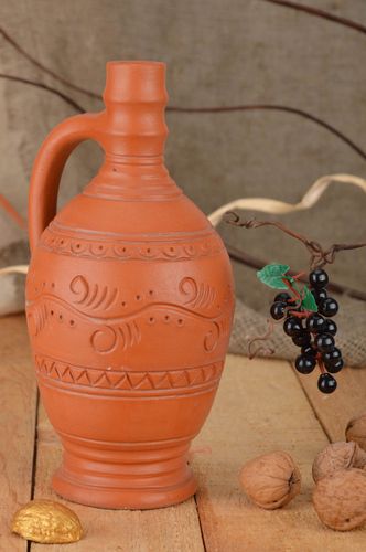 12 oz ceramic bottle shape wine carafe with handle in terracotta style 1,7 lb, 11 inches - MADEheart.com