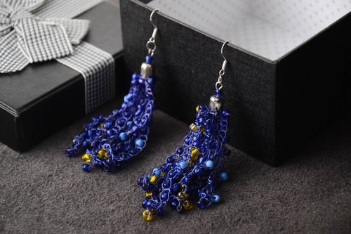 Handmade blue beaded earrings elegant dangling earrings evening jewelry - MADEheart.com