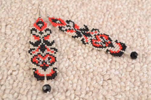 Handmade long dangling beaded earrings with ethnic motives black white and red - MADEheart.com