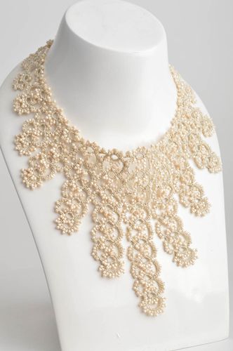 Handmade beautiful beige woven textile tatting necklace with beads - MADEheart.com
