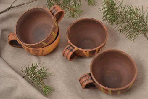 Set of 4 (four) not glazes natural clay coffee cups with handle  - MADEheart.com