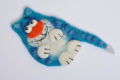 Handmade decorative soft toy fridge magnet felted of natural wool blue cat - MADEheart.com