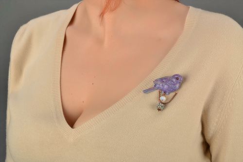 Brooch made of polymer clay with beads handmade purple unusual jewelry Bird - MADEheart.com