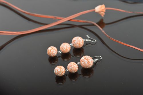 Handmade long polymer clay beaded earrings in calm colors Cobweb - MADEheart.com