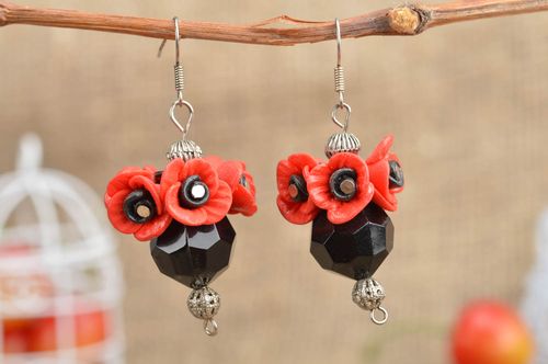 Handmade stylish small earrings decorated with red poppies made of polymer clay - MADEheart.com