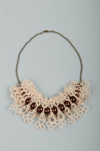Unusual handmade woven lace necklace beaded necklace textile jewelry designs - MADEheart.com