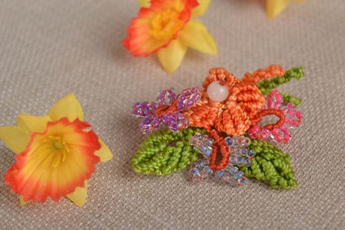 Handmade woven brooch macrame beaded brooch macrame accessories thread jewelry - MADEheart.com
