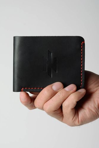 Handmade black genuine leather wallet with embossing stitched with red threads - MADEheart.com