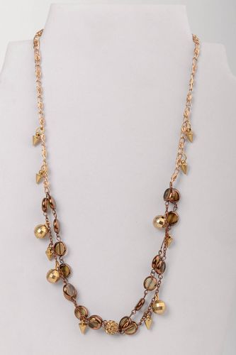Handmade long elegant golden colored necklace with glass beads on metal chain - MADEheart.com