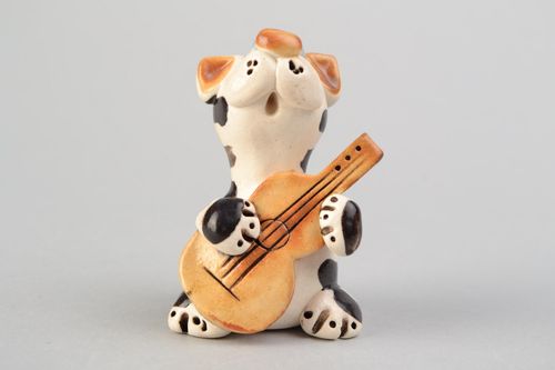 Handmade miniature ceramic figurine of cat playing guitar painted with glaze - MADEheart.com