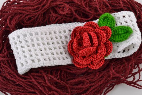 Handmade wide lacy crochet white headband with volume red flower for baby girl - MADEheart.com