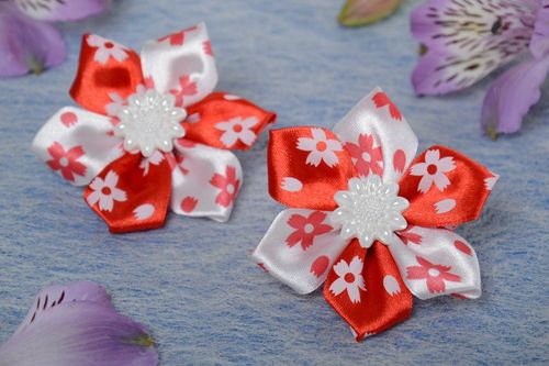 White and red homemade childrens kanzashi satin ribbon flower hair ties 2 items - MADEheart.com