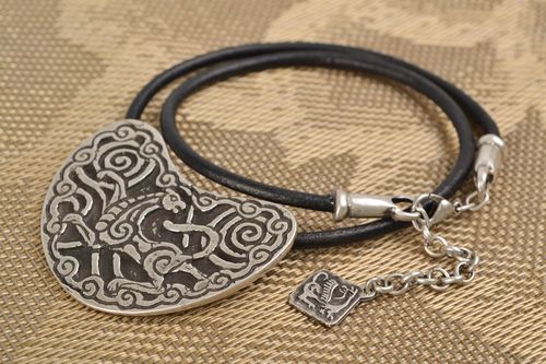 Metal necklace made using chill casting technique with leather cord - MADEheart.com