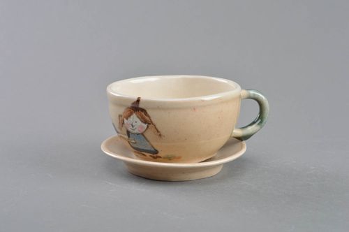 Art handmade porcelain girls drinking cup with handle and saucer - MADEheart.com