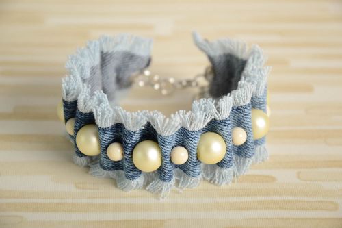 Unusual handmade textile denim bracelet with beads - MADEheart.com