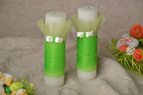 Handmade decorative wax wedding candles in white and green colors 2 items - MADEheart.com