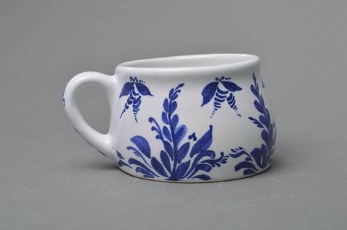 5 oz white elegant ceramic coffee cup with handle and blue ink floral pattern - MADEheart.com