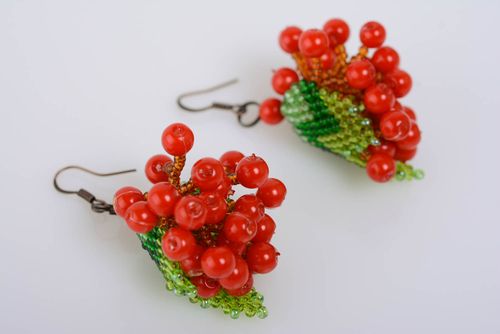 Bright beaded earrings Berries handmade woven beautiful fancy red accessory - MADEheart.com
