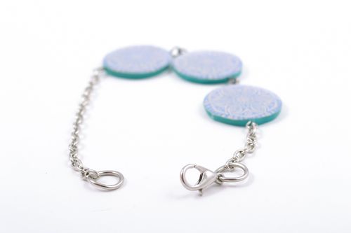 Acrylic handmade charm bracelet of blue color with three wide round flat beads - MADEheart.com