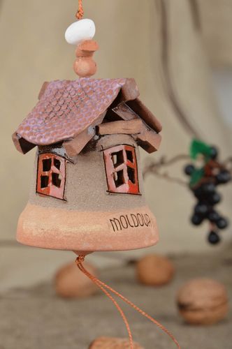Clay handmade bell painted with colored glaze interior home decor ideas - MADEheart.com