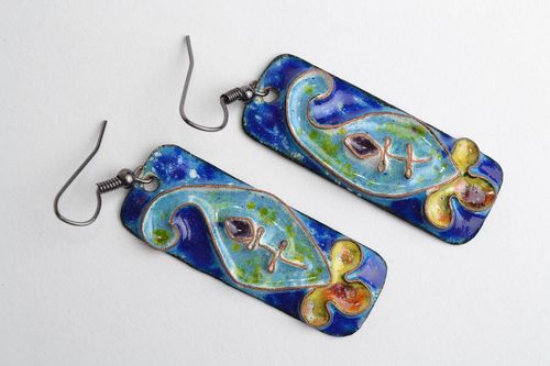 Pendientes de cobre artesanales rectangulares largos Yemas azules  - MADEheart.com
