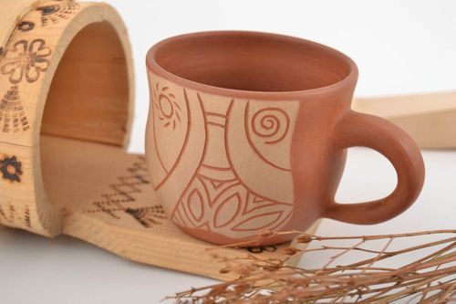 12 oz clay art coffee cup with beige floral pattern and handle - MADEheart.com