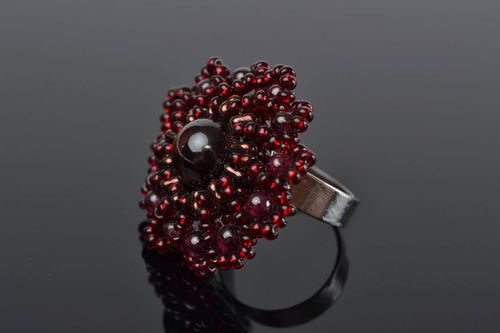 Beaded dark handmade flower ring with adjustable size designer evening accessory - MADEheart.com