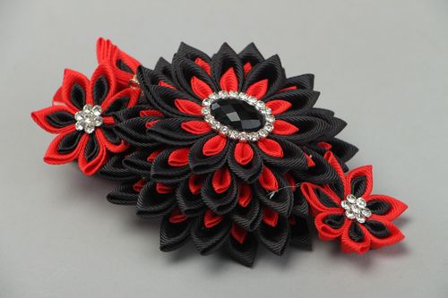 Black and red handmade hair clip with kanzashi flower created of rep ribbons - MADEheart.com