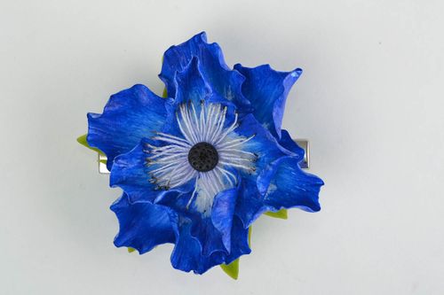 Bright blue handmade cold porcelain flower hair clip Anemone - MADEheart.com