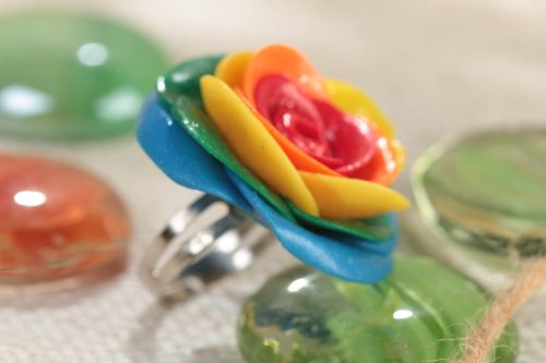 Handmade seal ring on metal basis with polymer clay flower of rainbow coloring - MADEheart.com
