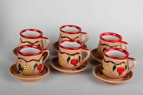 Srt of 6 (six) ceramic hot wine cups with handles, saucers, and hand-paintings - MADEheart.com