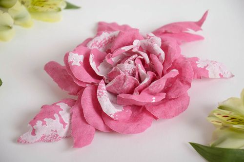 Handmade hair clip brooch with large volume fabric flower of pink color - MADEheart.com