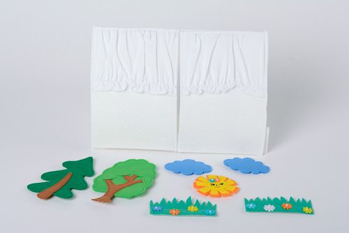 Handmade multi-colored desktop felt puppet theater with folding screen and scenery - MADEheart.com