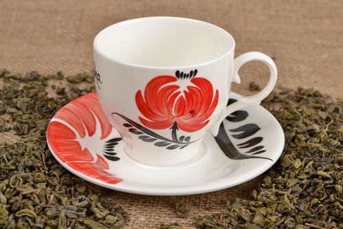 Coffee drinking porcelain Japanese cup with handle and saucer - MADEheart.com