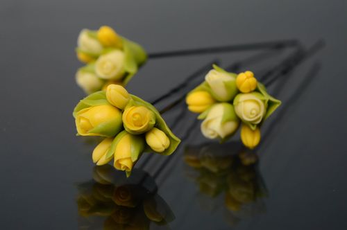 Épingles à cheveux en porcelaine froide de coiffure avec fleurs jaunes 3 pièces - MADEheart.com