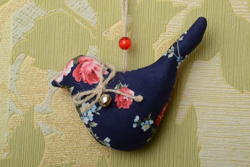Dark handmade designer cotton dabric soft interior pendant toy bird with bead - MADEheart.com