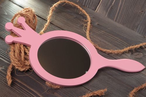 Beautiful handmade pink MDF hand mirror with crown for dressing table - MADEheart.com