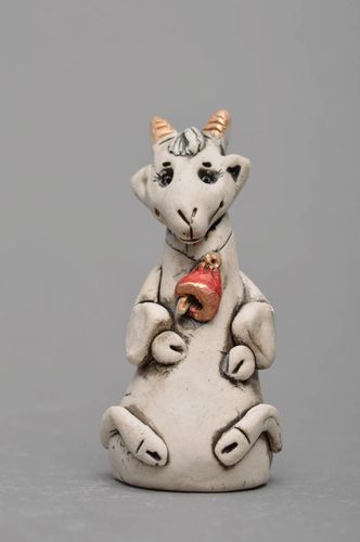 Handmade designer small white glazed porcelain figurine of goat with red bell - MADEheart.com
