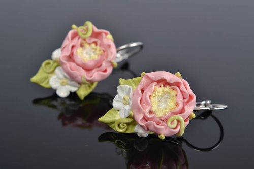 Handmade designer polymer clay pink floral earrings with metal English ear wires - MADEheart.com