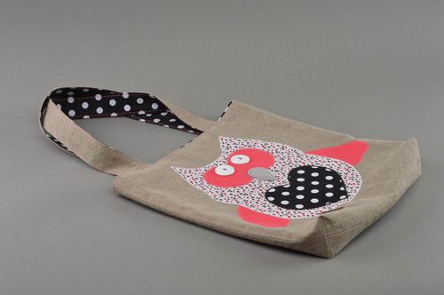 Gros sac à main gris en lin avec hibou multicolore fait main pour femme - MADEheart.com