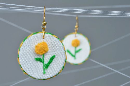Beautiful designer handmade round linen fabric earrings with yellow flowers - MADEheart.com