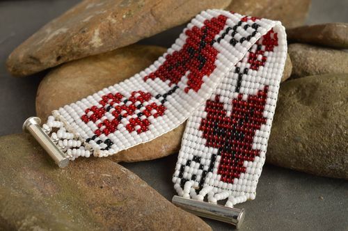 Ukrainian ethnic style wrist bracelet made of white and red beads  - MADEheart.com