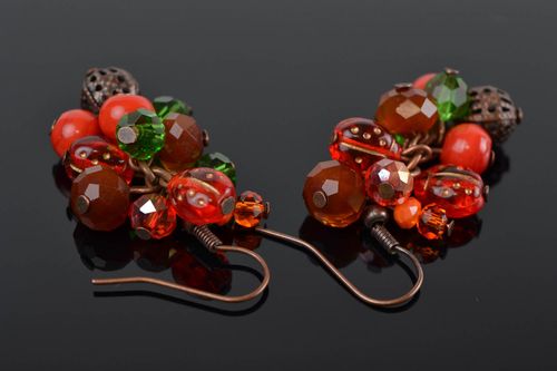 Handmade designer long dangling earrings with jadeite and red glass beads - MADEheart.com