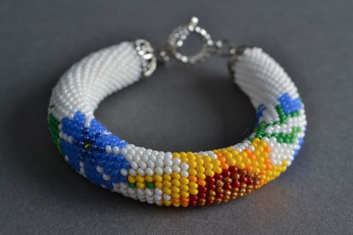 Designer white beautiful handmade beaded cord bracelet with flowers - MADEheart.com