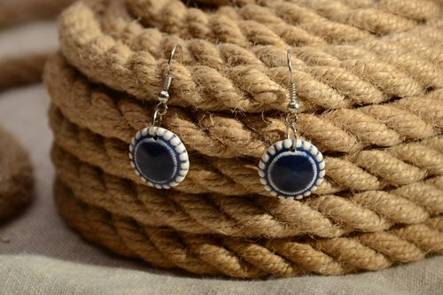 Blue and white handmade small clay earrings painted with enamels - MADEheart.com