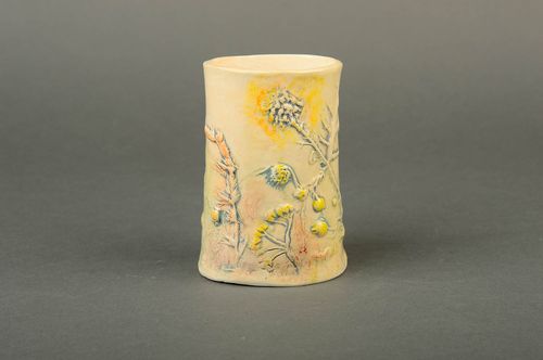 Ceramic glazed yellow color drinking cup with no handle and field flowers pattern - MADEheart.com