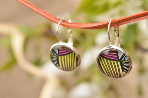 Yellow and violet ornamented handmade designer polymer clay round earrings - MADEheart.com