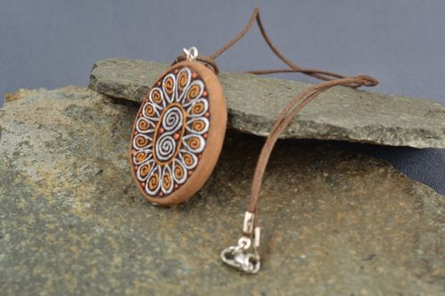 Handmade clay oval pendant with pattern painted with acrylics - MADEheart.com