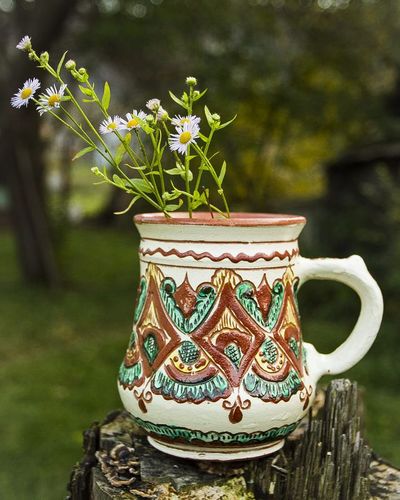 8 oz clay glazed decorative cup with handle in green and brown color - MADEheart.com